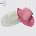 Pink Glitter Adult Western Cowboy Hat with White Diamond Two-Sided Velvet Design for Bridal Nightclub Carnival