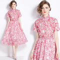 Summer New Short Sleeved Shirt Elegant Standing Neck Single Breasted Fit Design Printed Fashion Floor-Length Skirt Washable