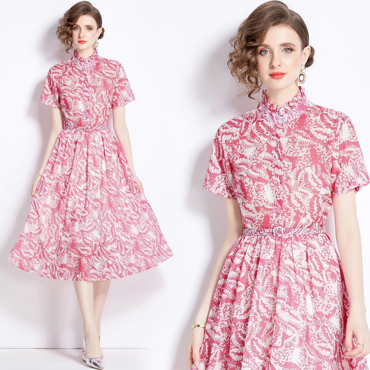 Summer New Short Sleeved Shirt Elegant Standing Neck Single Breasted Fit Design Printed Fashion Floor-Length Skirt Washable