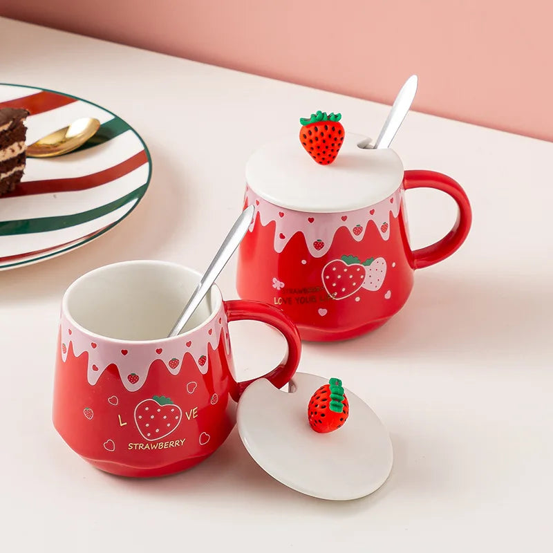 Creative Gift Strawberry Children Students Home Pink Cute for Girls Milk Tea Bottle Cup Large Ceramic Coffee Mugs