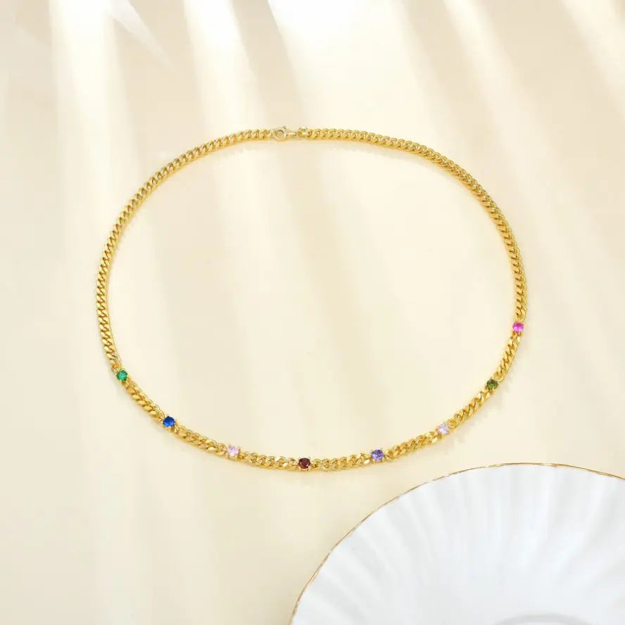 Elegant 18K Gold Plated Women's Side Chain Necklace Multicolor CZ Stones Fine Jewelry for Wedding Everyday Wear Perfect