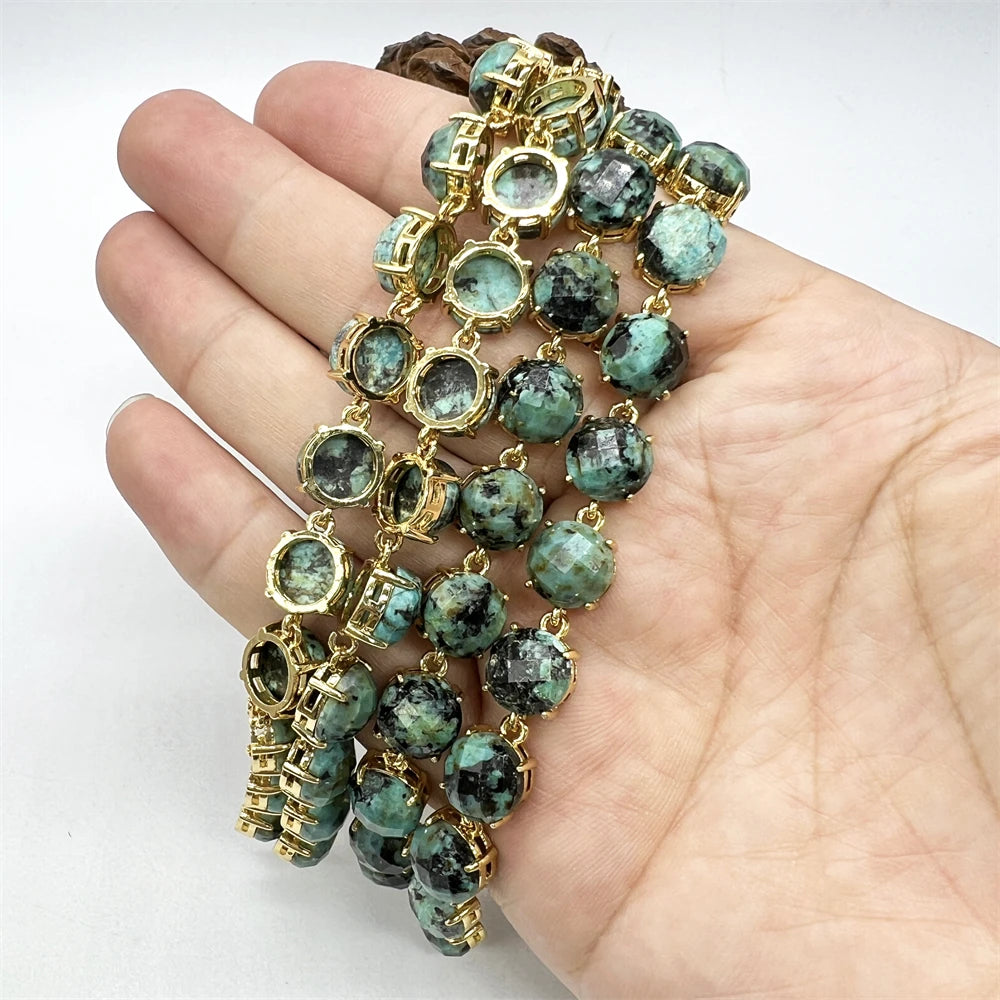 Gold Plated Gemstone Beads Trendy Style Shiny Faceted Cut Round Stone Lapis Lazuli African Turquoise Crystal Bezel Connectors