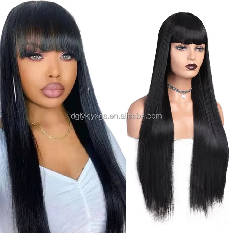 Hot Sales 34Inch Long Straight Synthetic Hair Wigs Bangs Wigs Layered extra Long Straight Black for Women Hair MegaBDM