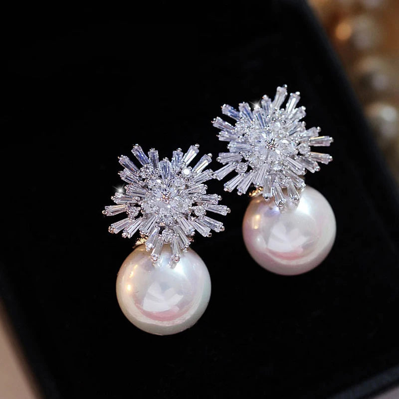 Fashion Snowflake Crystal Earrings Rhinestone Inlaid Pearl Earrings for Women