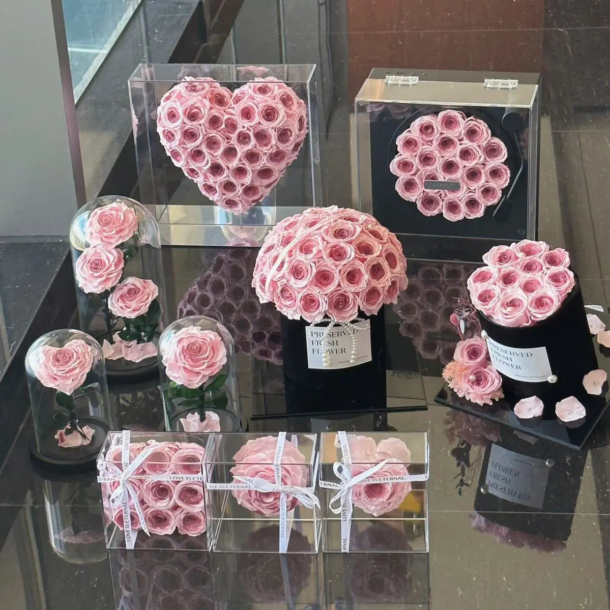 D125 Wholesaler Christmas Gift Pink Rose Forever Preserved Fresh Cut Rose Handmade Eternal Rose in Acrylic Box MegaBDM