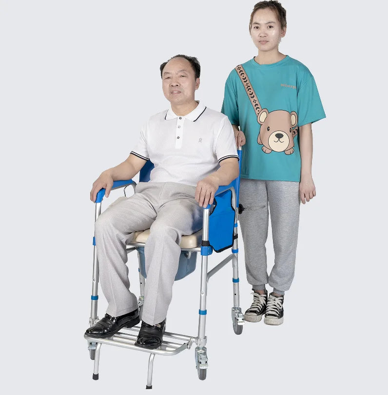 MSMT Detachable Bucket Waterproof Aluminum Commode Chair with Wheels Shower Toilet Chair for Bathroom Use Commode WheelChair