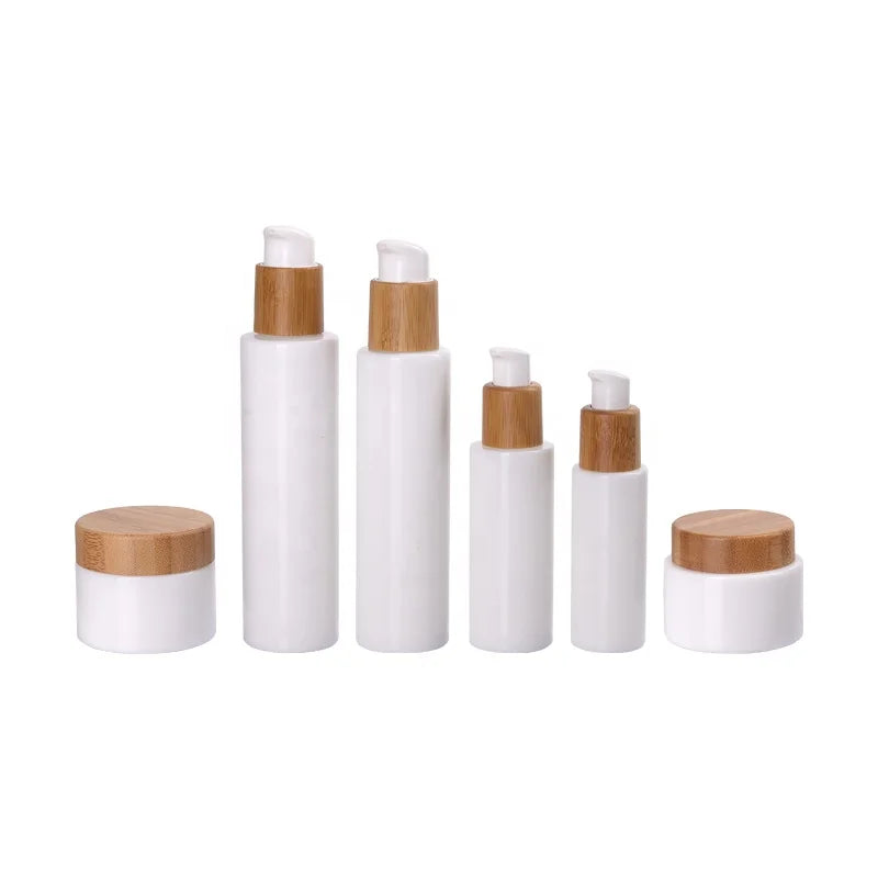 Flat Shoulder Opal Glass Bottle Cosmetic Bottle 30 ml 50 ml 100 ml 120 ml White Glass Serum Pump Bottle and Glass Jar Wooden Lid