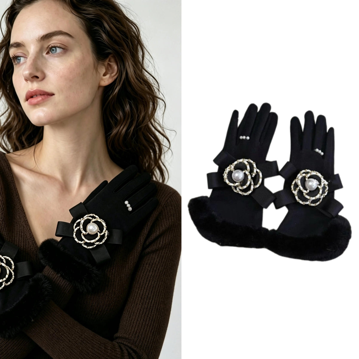 New Elegant Camellia Furry Gloves Pearl Flower Chain Bow Decra Gloves Thickly Padded Winter Outdoor Driving Guantes De Camelia MegaBDM