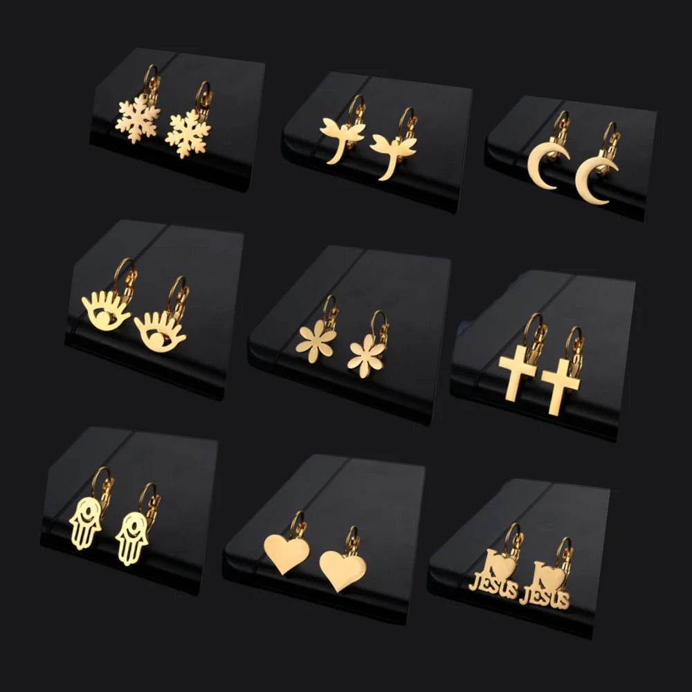 18k Gold Plated Jewelry Trendy Bijoux Acier Inoxydable Stainless Steel Aretes Flower Moon Dragonfly French Hook Earrings