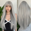 Factory Fast Delivery Silver Ash Gray Long Straight Synthetic Wigs Natural Hair with Bangs for White Women Daily Heat Resistant