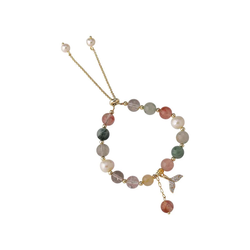 RisingMoon Lucky Colorful Crystal Beads Fishtail Charm Bracelet Adjustable Pearl Beads Bracelet for Women Girls