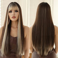 Long Straight Dark Brown Wigs With Blonde Bangs Natural Synthetic Wigs for Women Girl Heat Resistant Hair for Daily Wear Cosplay