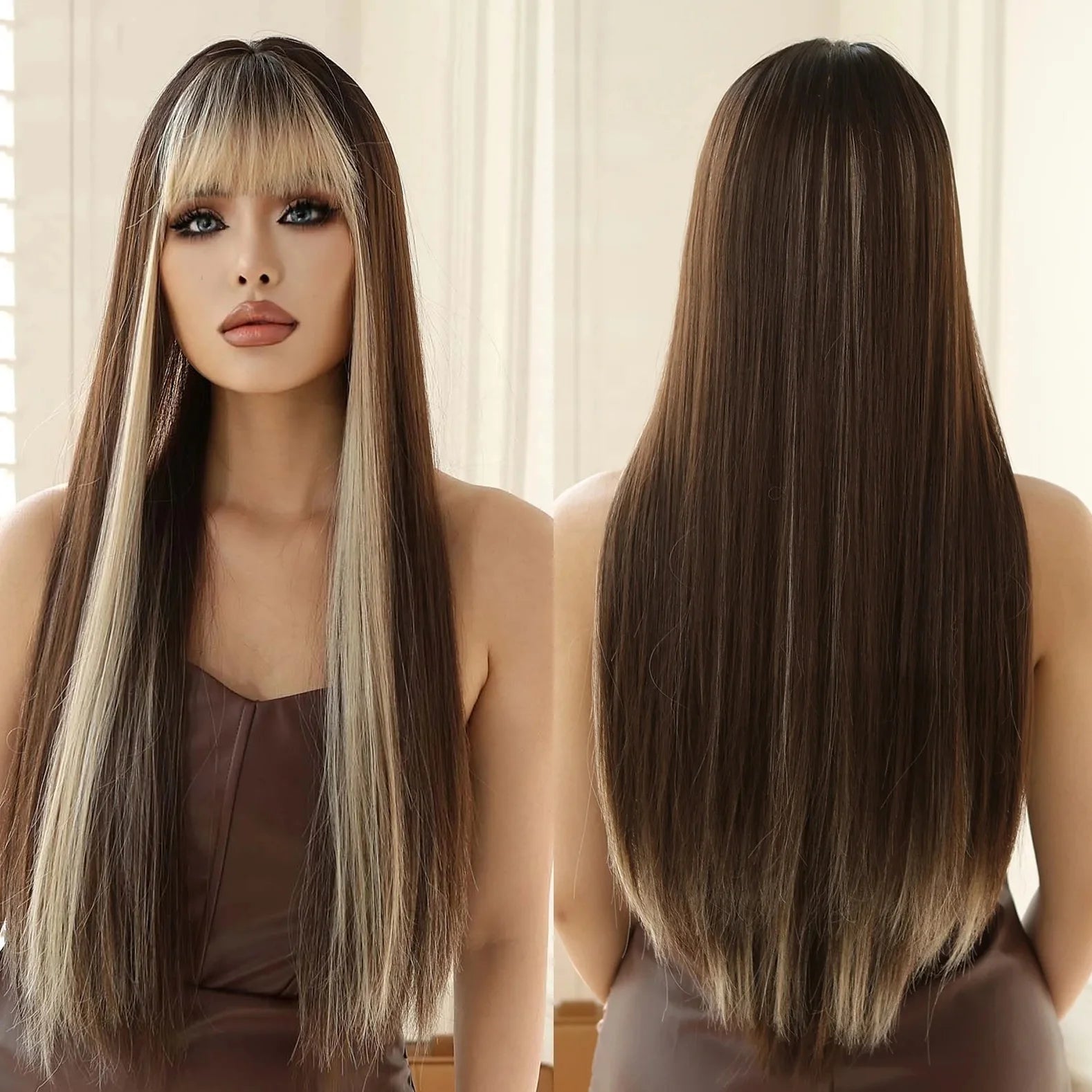 Long Straight Dark Brown Wigs With Blonde Bangs Natural Synthetic Wigs for Women Girl Heat Resistant Hair for Daily Wear Cosplay