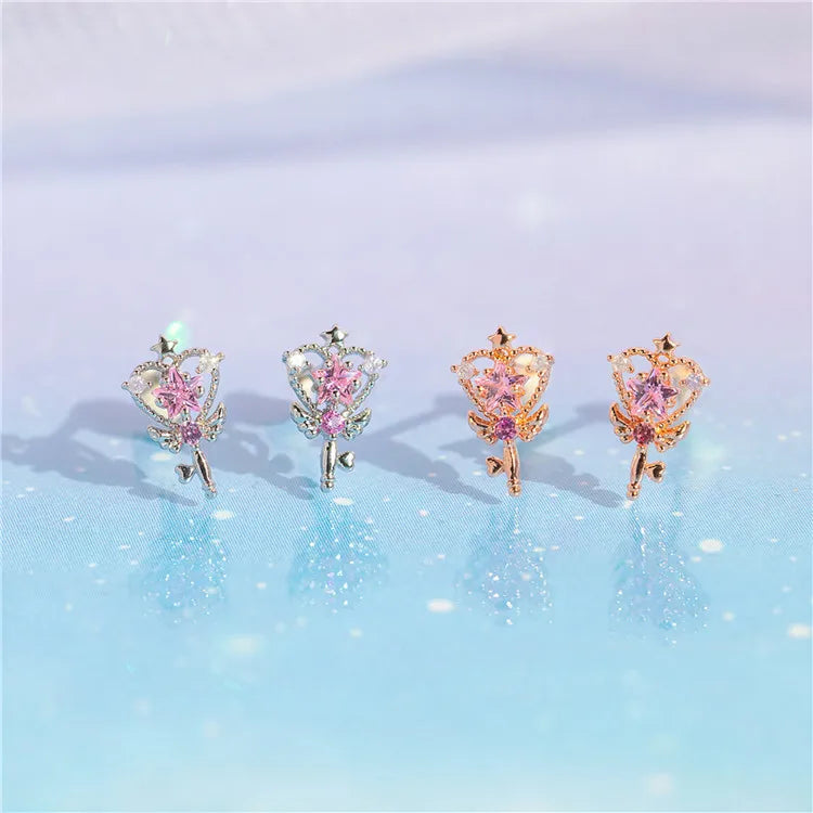 SP 925 Silver Needle New Fashion 18K Gold Plated Moon and Stars Zircon Stud Earrings for Women