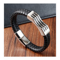 European Punk Heavy Retro Bangle Men 316L Stainless Steel Magnetic Clasp Black Genuine Leather Bracelet Wholesale Price