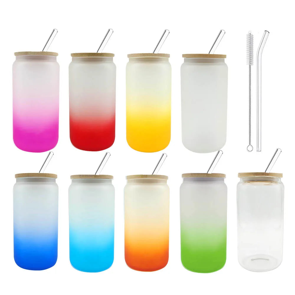 Unique 16oz 500ml 20oz 600ml Sublimation Blanks Soda Beer Can Shaped Frosted Ombre Glass with Bamboo Lid and Glass Straw