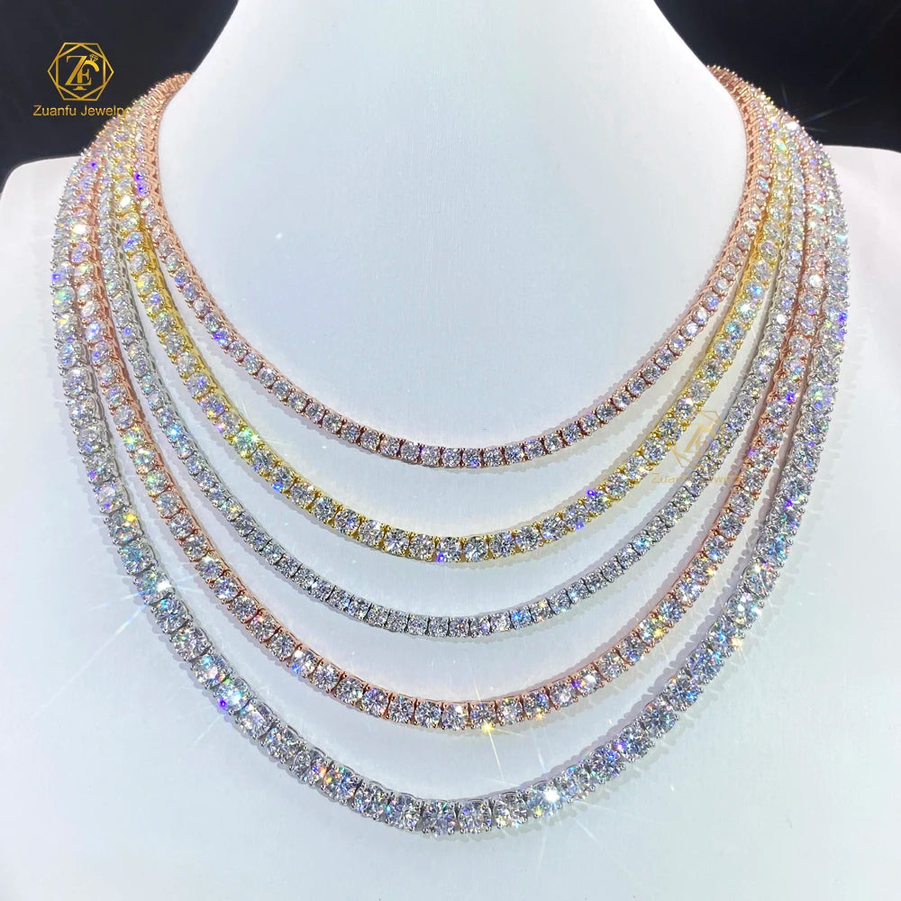 Hiphop Wholesale Custom 925 Silver Moissanite Prong Yellow Gold Rose Gold Plated 18in 20in 2mm 3mm 4mm 5mm 6.5mm Tennis Chain