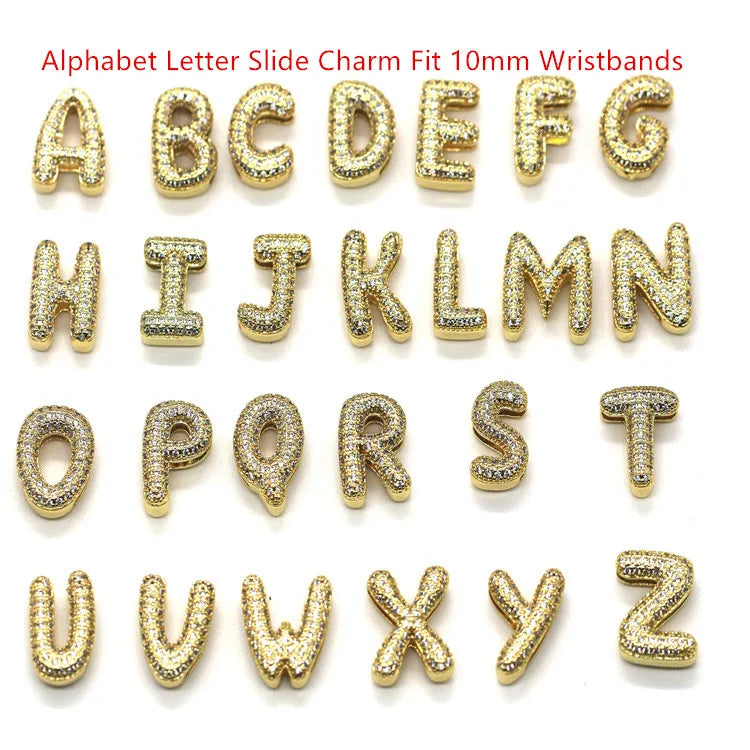 Zircon Charms English Letters Gold Alphabet Letter Slide Charm Fit 10mm 8mm Wristbands for Watchband Leather Bracelet Making