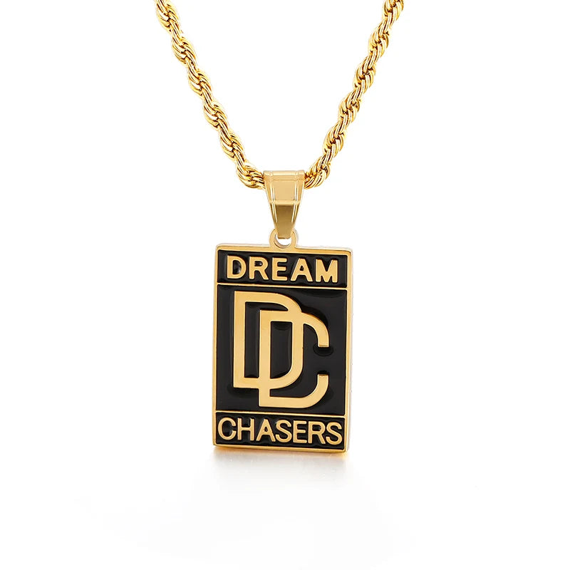 Gold Dream Chasers Zircon Stainless Steel Pendant Cuban Link Chain Trendy Hip Hop Necklace for Men and Women