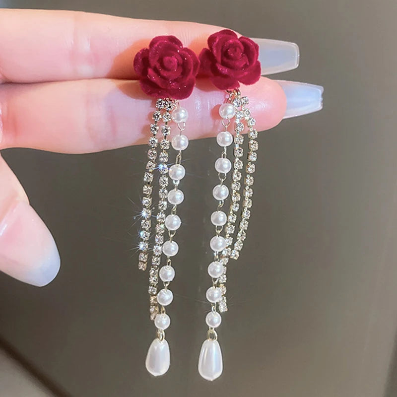 Statement Geometric Crystal Drop Earrings with Needle Flocked Flower Design Trendy Vintage Fashion New Year Wholesale for Girls