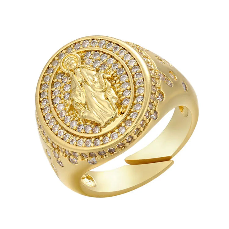 RM1590 Dainty 18k Gold Plated Diamond CZ Micro Pave Mother Virgin Mary Coin Signet Christian Rings for Women