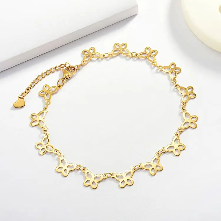 New Design Stainless Steel Butterfly Anklet Minimalist Vintage Style 18K Gold Plated Adjustable Links for Gift