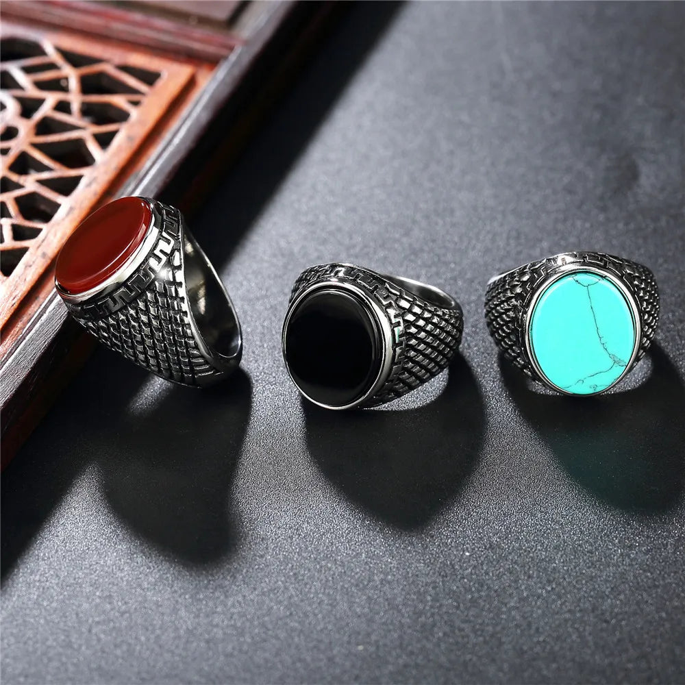 2022 Luxury Vintage Turquoise Gemstone Titanium Steel Ring Silver Stainless Steel Wedding Rings for Couple