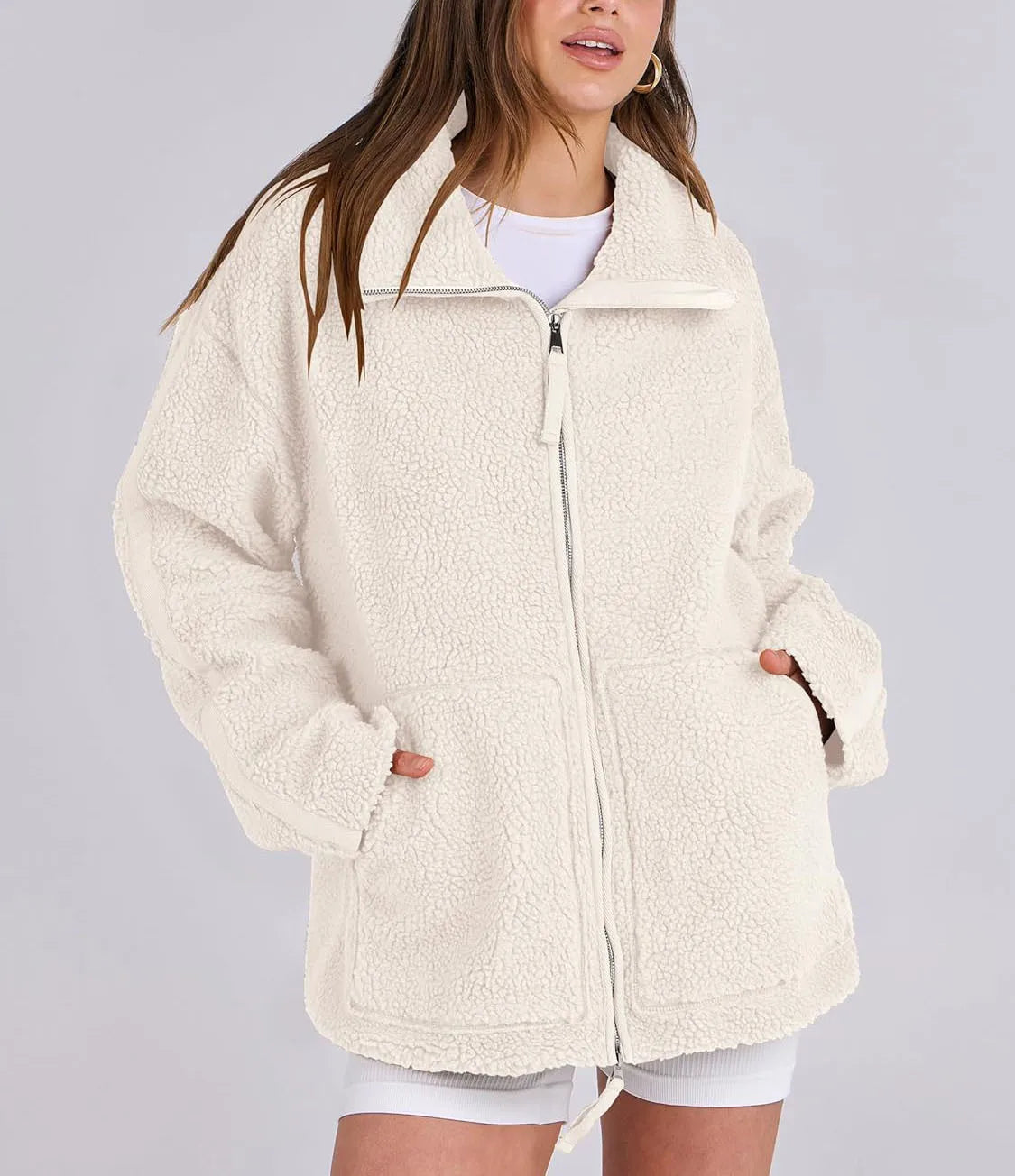 Wholesale Ladies Winter Sherpa Fleece Jacket Fashionable Zip-Up Coats with Stand Collar Large Pockets Breathable for Autumn Wear