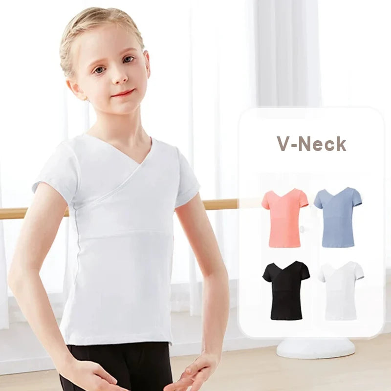 Girls Summer Dance Tops Children V-neck Short Sleeve Sport T-shirts
