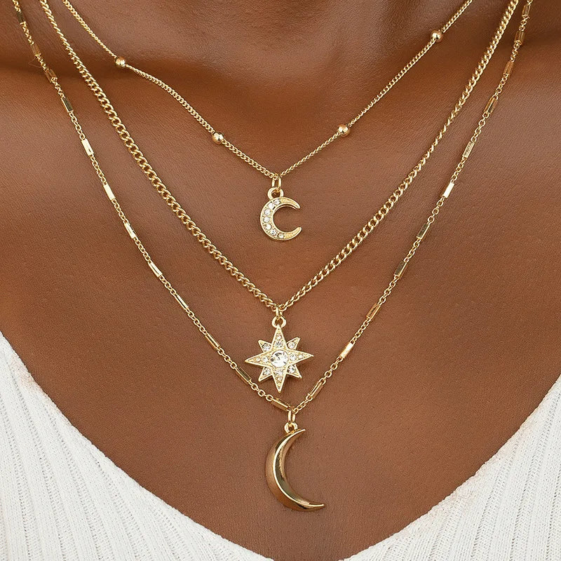 Fashion Fine Three-layer Diamond Star Moon Necklace Fashion Neck Ornaments for Women Jewelry Wholesale