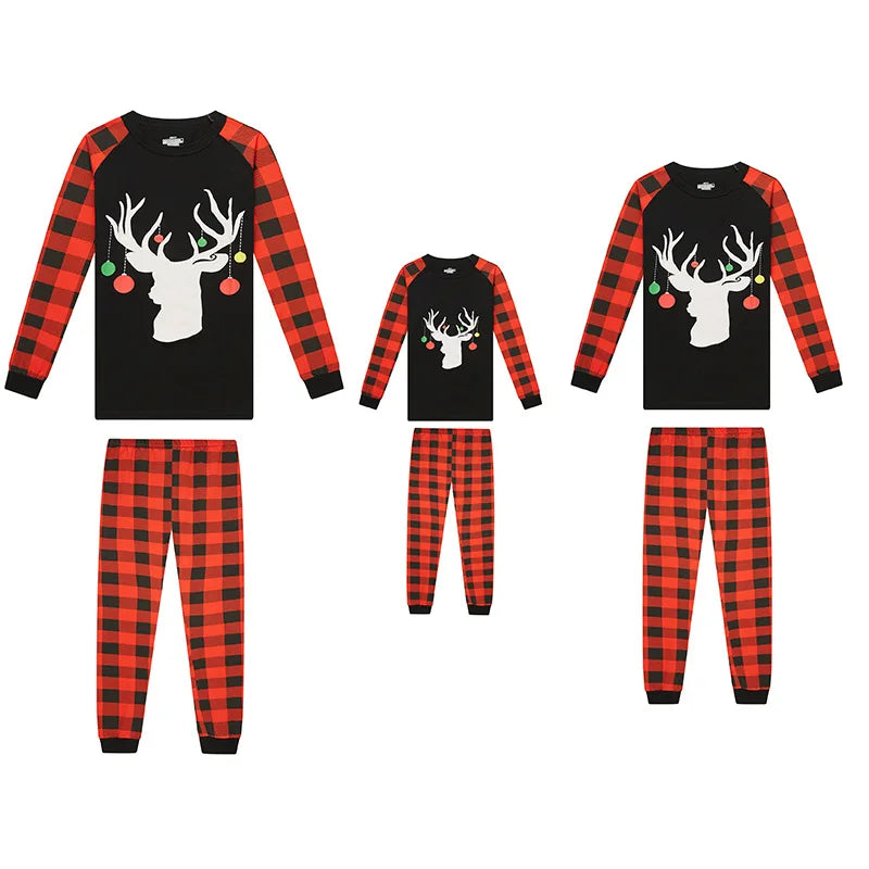 Men's Christmas Deer Print Red Plaid Long Sleeve Soft Thermal Breathable Jersey Cotton Pajamas Set