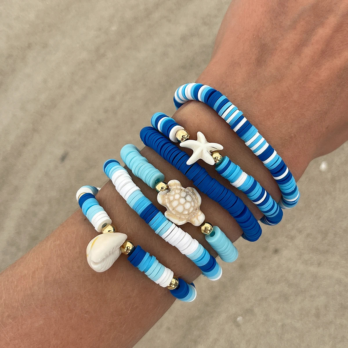 6Pcs/Set Bohemian Colorful Polymer Clay Acrylic Conch Starfish Bracelets for Women Trendy Lady Hand Chains Fashion Jewelry Gifts