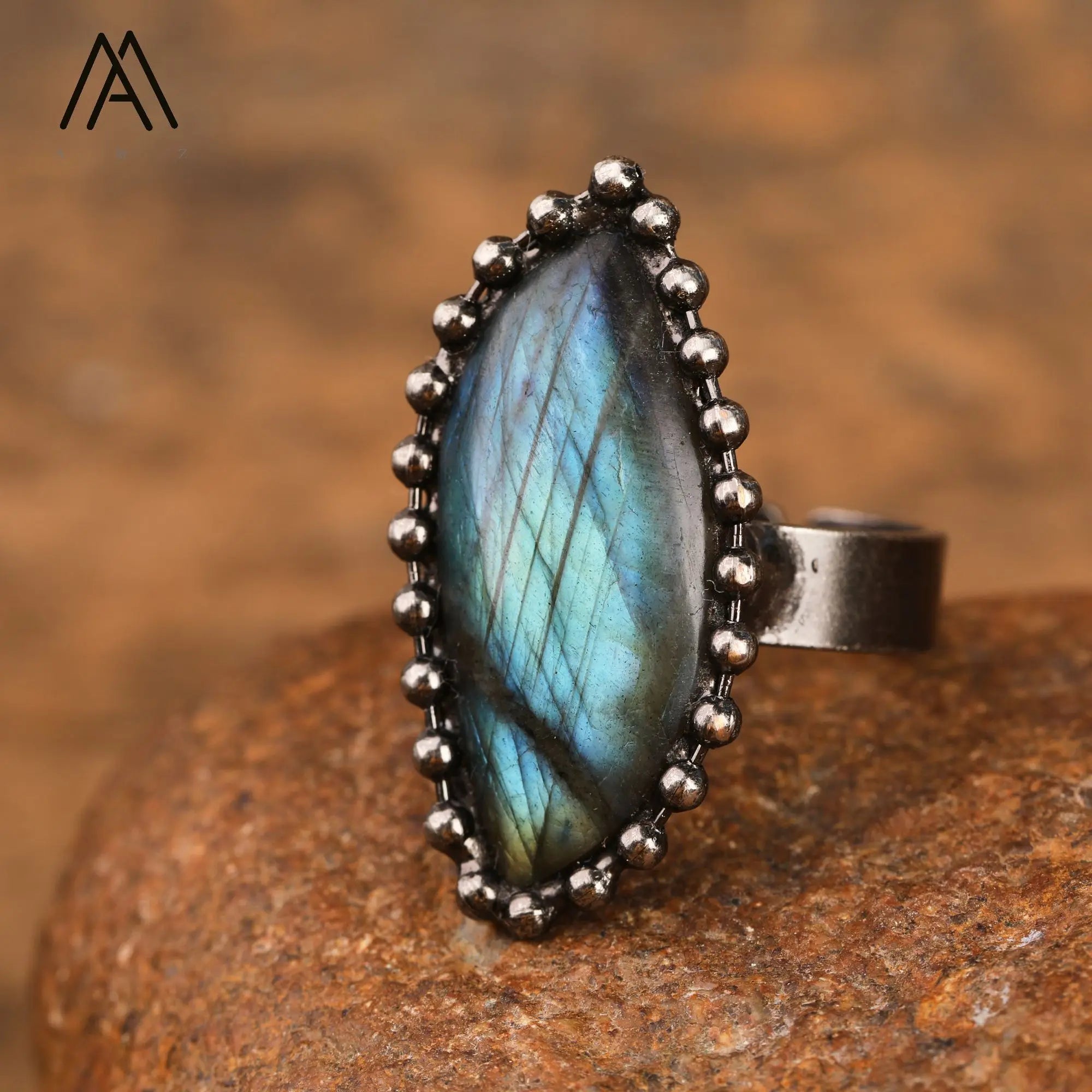 Flash Labradorite Freeform Shape Antique Bronze Rings for Men Energy Jewelry