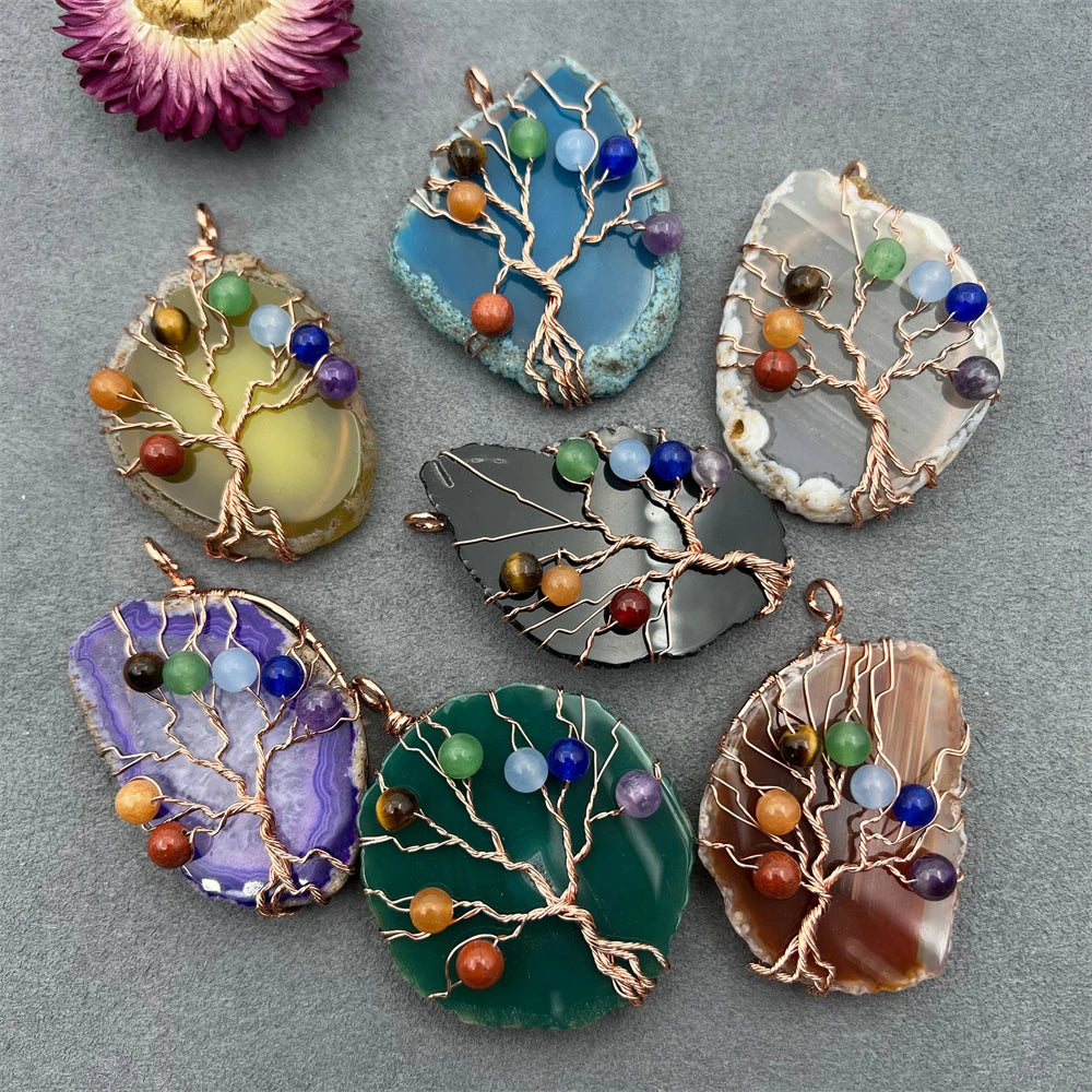 Antique Bronze Plated Natural Crystal Agate Tree Life Pendant Classic Wire Wrapped Reiki Healing Stone Jewelry Making Supplies