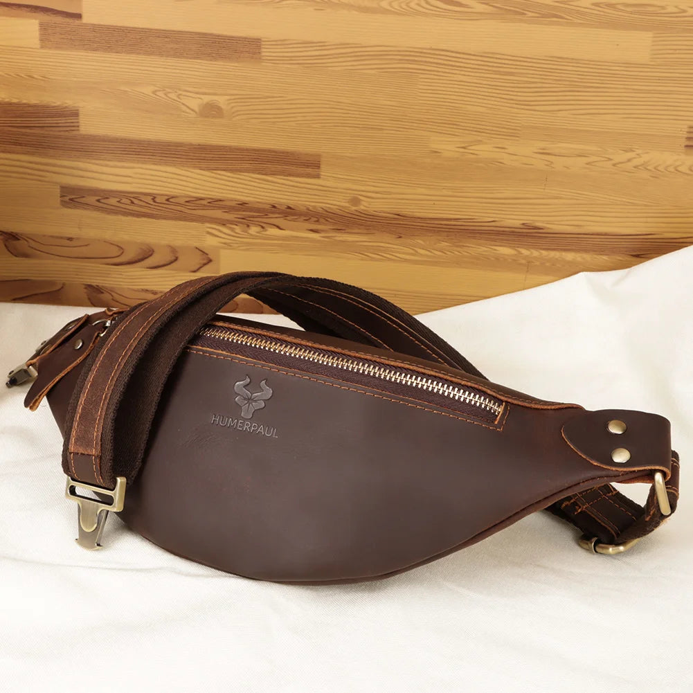 HUMERPAUL Crazy Horse Leather Men Chest Bag Metal Side Release Buckle Fanny Waist Pack Vintage Male Belt Bum Bag for Outdoor