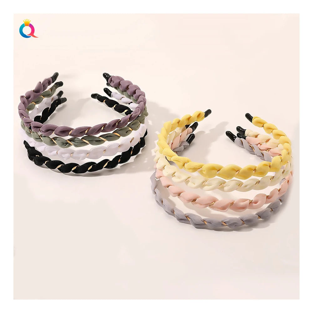 QIYUE Twine Soft Organza Headband With Twist Metal Gold Color Woman Girl Thin Hairband