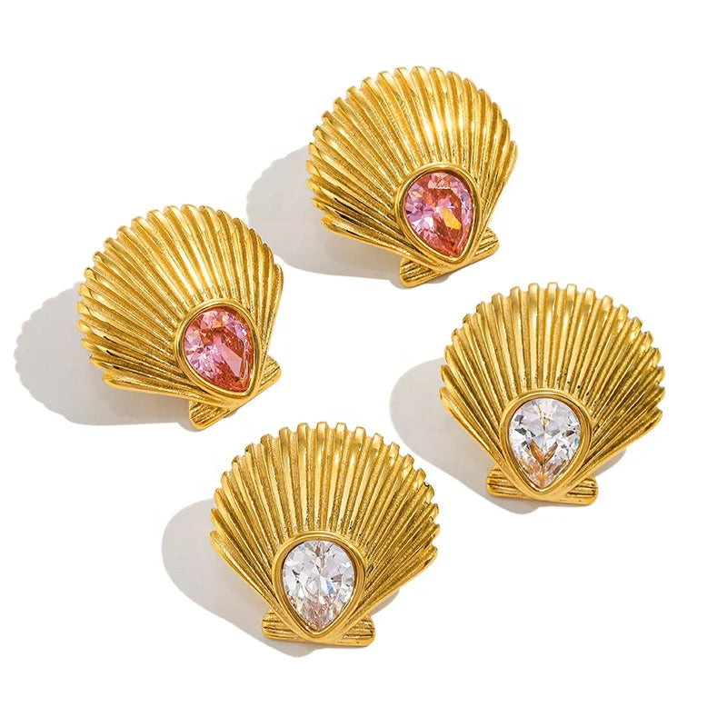 MICCI 18K Gold Plated Vintage Stainless Steel Anti Tarnish Statement Summer Zircon Shell Shape Earrings for Women