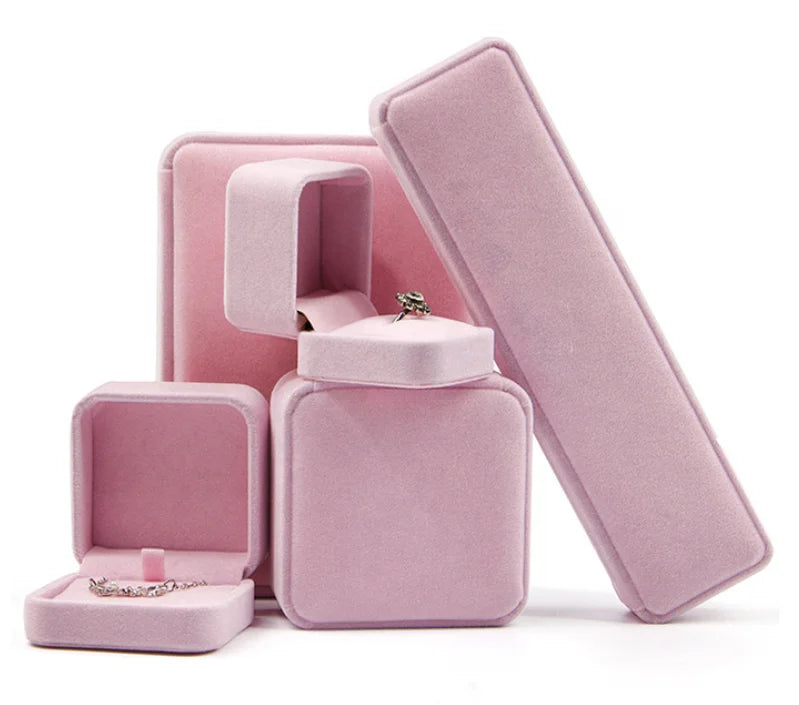Pink Velvet Jewelry Packaging Box with Custom Logo and Paper Sleeve