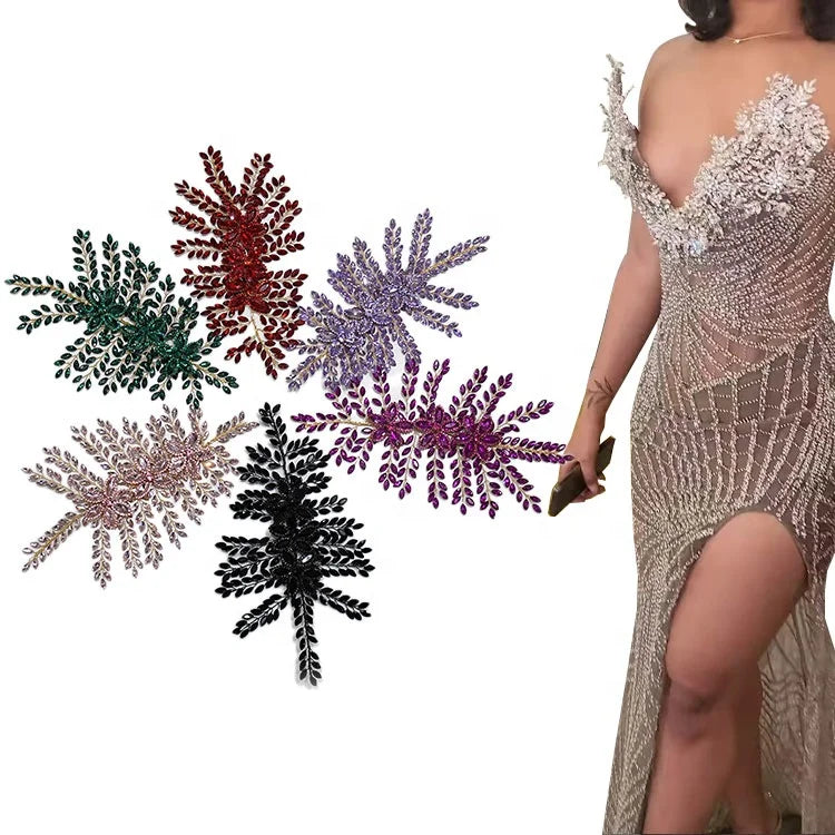 WHD-067 Keering Sequin 3D Rhinestone Applique Alloy Leaves Handmade Bridal Dress Patches Beaded for Wedding Party Dress