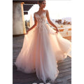 Beach Country Lace Appliques a Line Wedding Dresses Sheer Scoop Neck Tulle Covered Button Tulle Long Bridal Wedding Gowns
