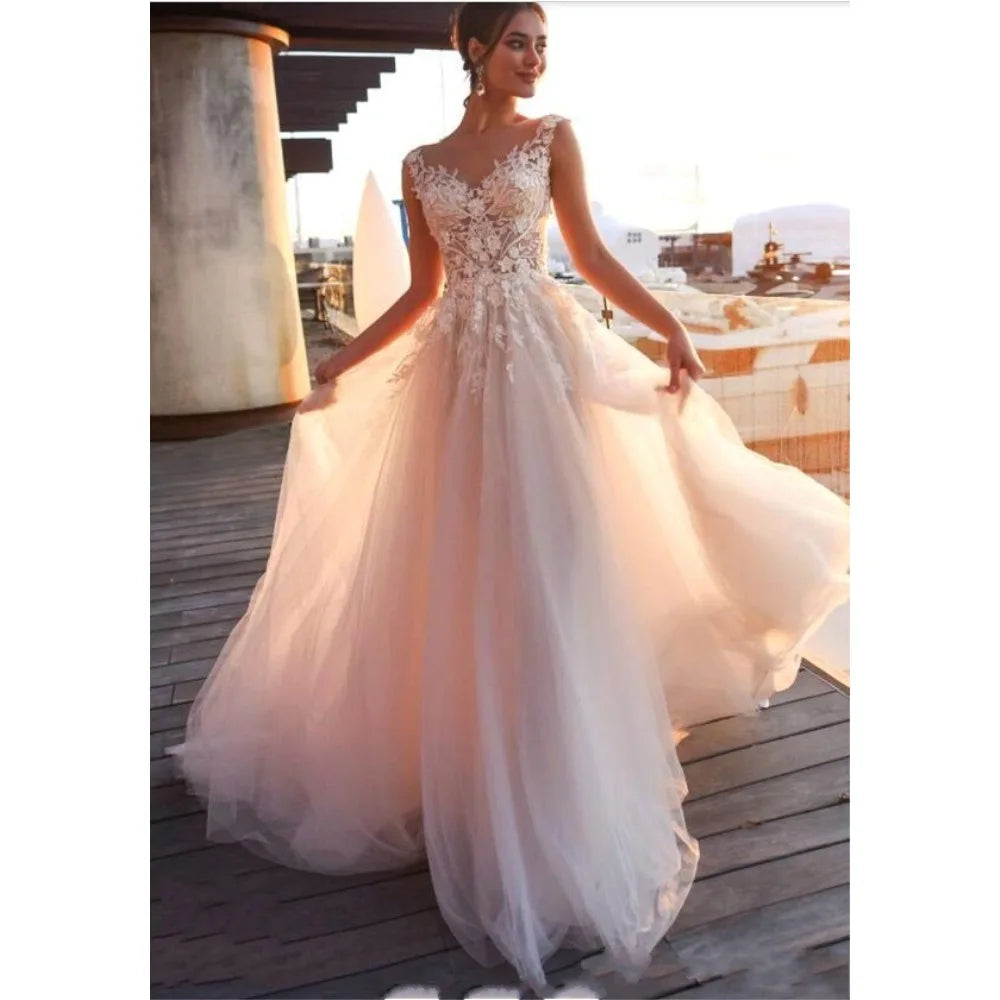 Beach Country Lace Appliques a Line Wedding Dresses Sheer Scoop Neck Tulle Covered Button Tulle Long Bridal Wedding Gowns