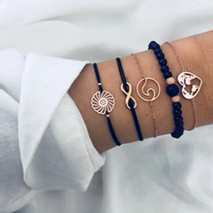 MY-87 Handmade String Chain Bracelet Set Jewelry Alloy Adjustable Number 8 World Map Black Beads 5pcs Beaded Bracelet Kit