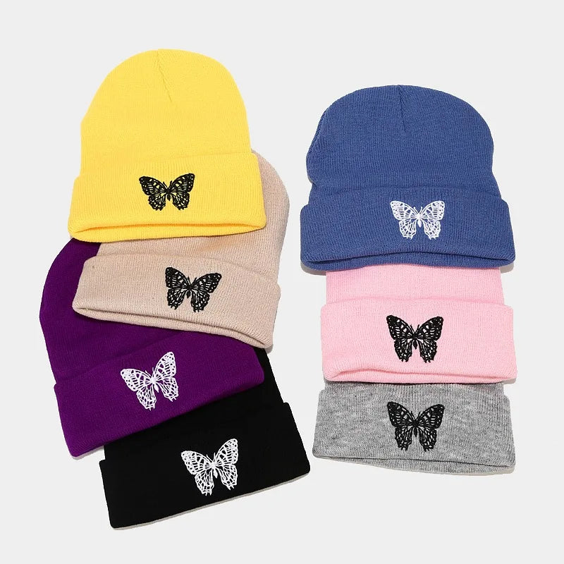 MIO Winter New Butterfly Embroidered Warm Knitted Hats Women Men Skull Cap Outdoor Soft Brimless Hat Beanie Daily Hat