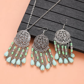 Retro Indian Ethnic Silver Color Tassel Beads Earring Necklace Women Vintage Eardrop Indian for Engagements Wedding Jewelry