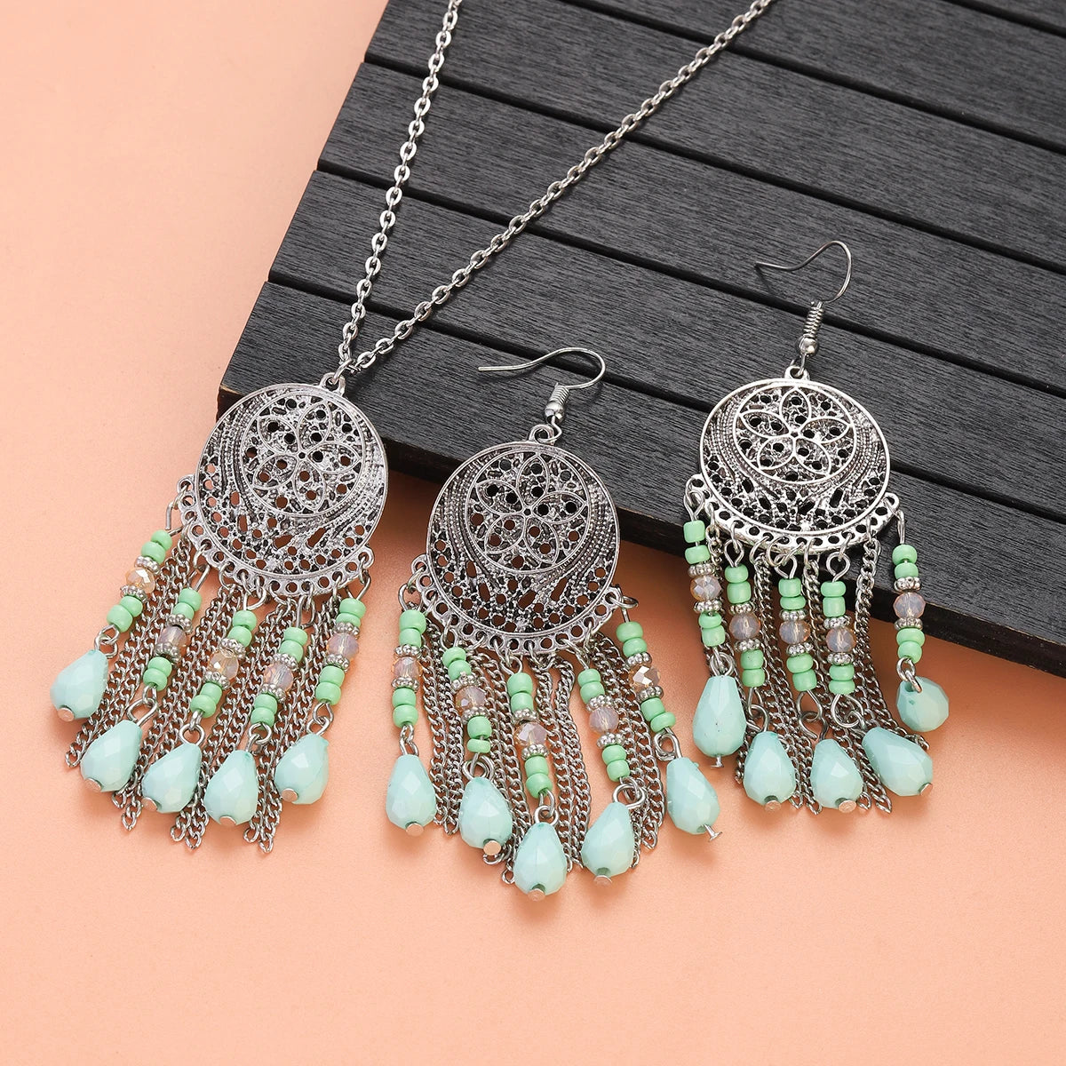 Retro Indian Ethnic Silver Color Tassel Beads Earring Necklace Women Vintage Eardrop Indian for Engagements Wedding Jewelry