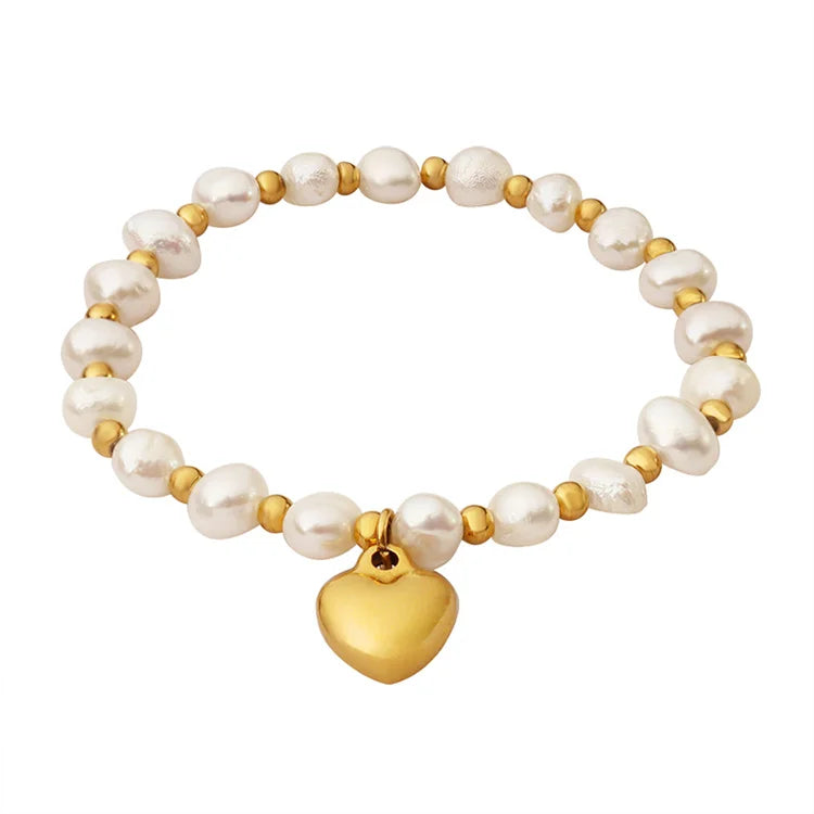 China Wholesale Fashion Creative Design Freshwater Pearl Love Heart Pendant Stainless Steel 18K Gold Plated Bracelet