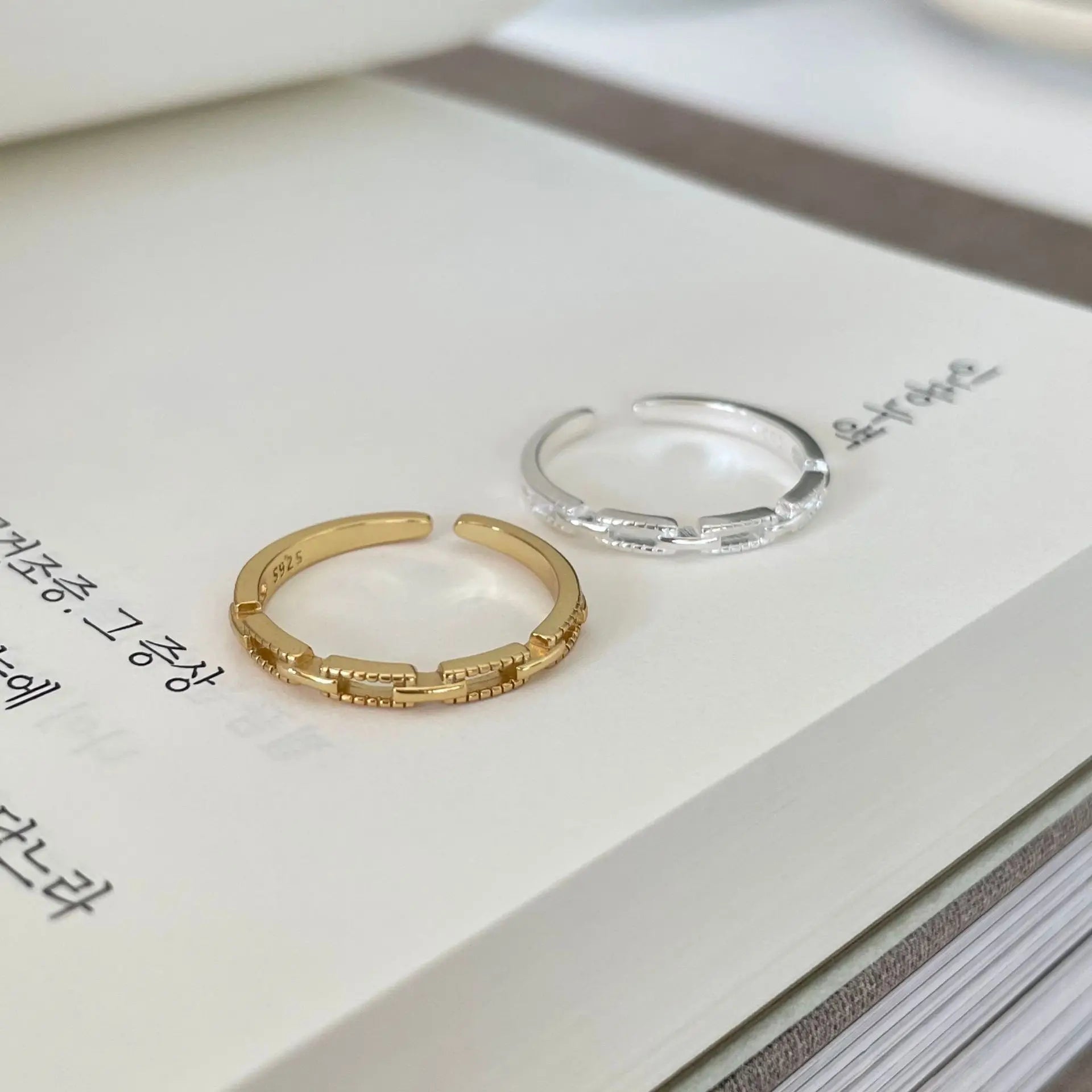 S925 Sterling Silver Texture Filigree Gold Plated Ring Link Chain Fashion Ring