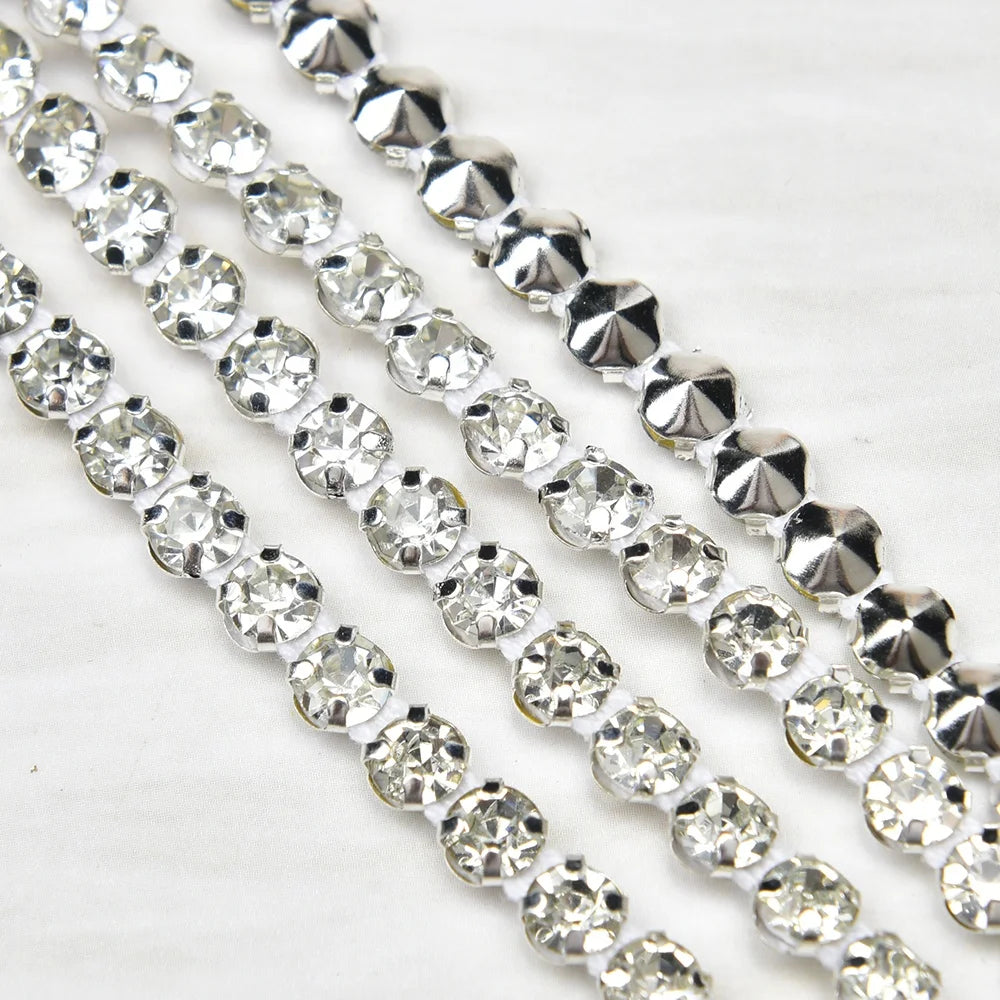 Single Row Silver Bottom White Net Glass Rhinestones Mesh Hand Stitched Crystal Trim Clothing Shoes Accessories