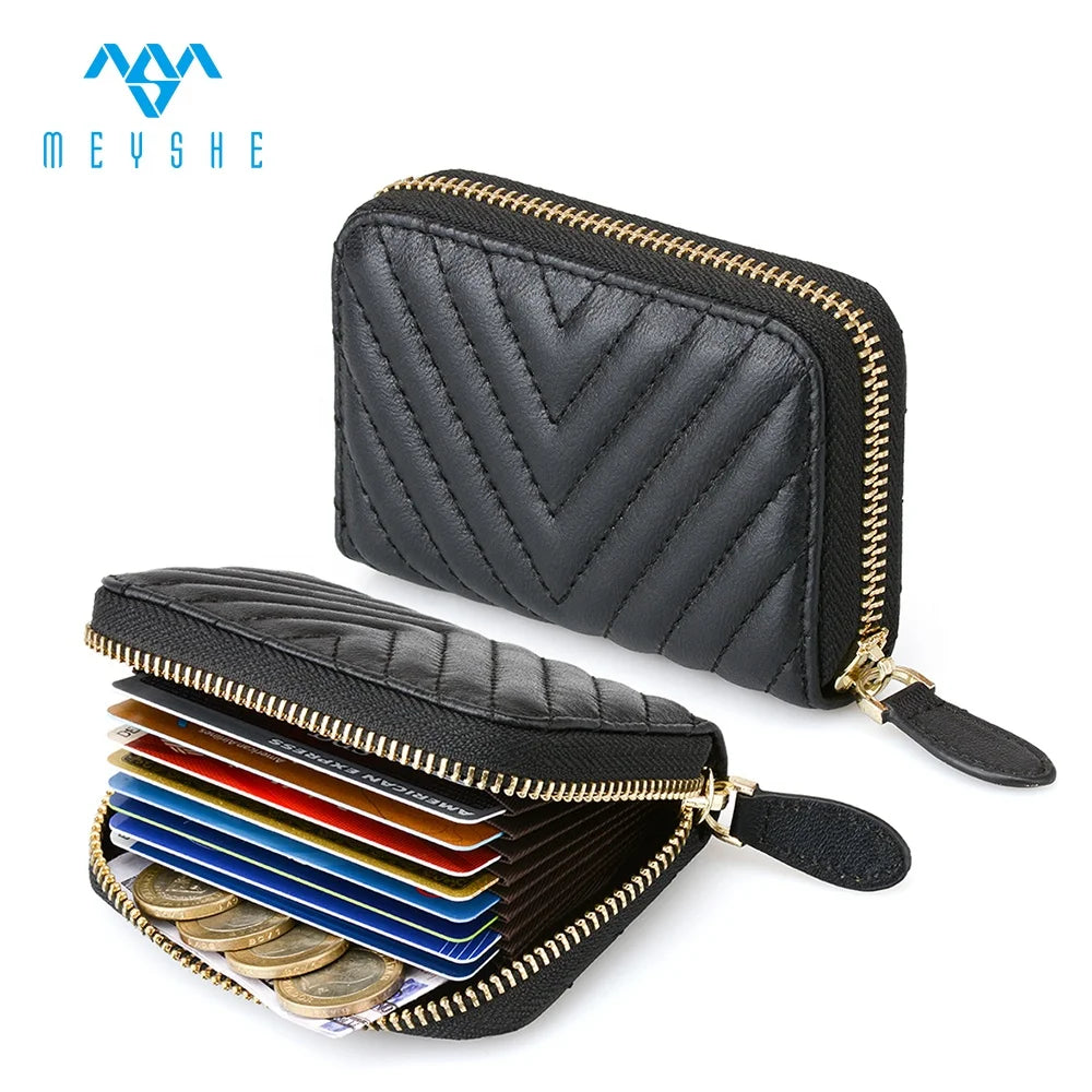 High Quality Black Sheepskin Luxury Women's Leather Small Cash Credit Card Holder with Zipper Customizable Logo Embroidered Bag