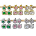 EC1965 Womans Fashion 18k Gold Platinum Plated Double Zircon CZ Paved Crystal Square Cushion Dangle Charm Post Studs Earrings